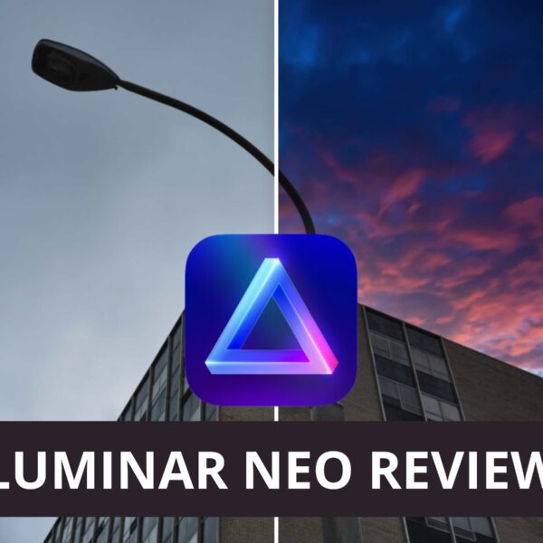 A before and after image where the sky was replaced using Luminar Neo and their logo.